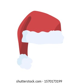 Christmas hat vector illustration. Santa Claus red hat with white pompon isolated on white background. Festive winter season holiday celebration costume element. Red fluffy cap with fur.