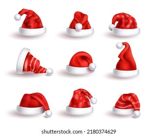 Christmas hat vector set 3d design. Santa claus christmas cap elements with pattern decoration for xmas winter head dress collection. Vector illustration.
