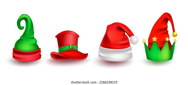 Christmas hat vector set design. 3d santa claus, elf and snowman christmas cap elements isolated in white background for xmas winter head dress collection. Vector illustration.
