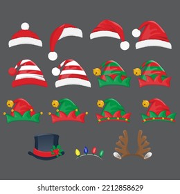 Christmas hat or Xmas different hats, Elf hats, Deer horns and snowman hats in new year holiday vector isolated sign set