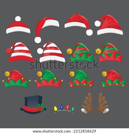 Christmas hat or Xmas different hats, Elf hats, Deer horns and snowman hats in new year holiday vector isolated sign set