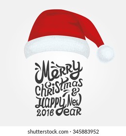 Christmas hat for your design. New Year hat with text. Vector illustration with lettering of Merry Christmas and Happy New Year 2016. Christmas typography.