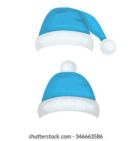Christmas hat for your design. New Year hat set. Vector illustration isolated on white background. Blue hat