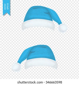 Christmas hat for your design. New Year hat set. Vector illustration isolated on transparent background. Blue hat
