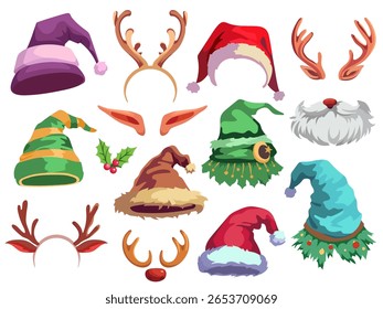 Chapéus e acessórios de Natal. Elementos de férias engraçados, adereços de cabine de foto, diferentes bonés de ano novo, orelhas, barbas e chifres, Papai Noel tradicional traje elemento vetor conjunto de desenhos animados
