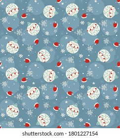 Christmas hats, balls, stars hand drawn seamless patterns. Blue red pastel colors. Vector illustration for cards, fabric, wrapping paper. Uneven lines