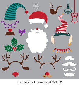 christmas hats, beards, mustache, horns. vector set