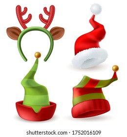 Christmas hats collection. Realistic style isolated items on a white background. Holiday traditional symbol. New year head gears set. Gnome, deer, Santa, dwarf vector illustration