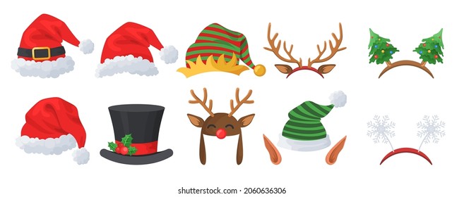 Christmas hats and decorations, flat vector isolated illustration. Santa Claus hats, funny elf ears, deer horns, carnival headbands. Christmas costume set.