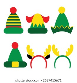 Christmas hats and decorations, vector illustration. Santa Claus hats, funny elf ears, deer horns, carnival headbands.