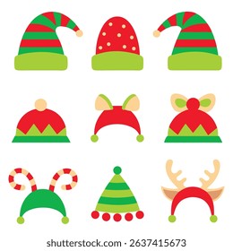 Christmas hats and decorations, vector illustration. Santa Claus hats, funny elf ears, deer horns, carnival headbands.