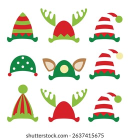 Christmas hats and decorations, vector illustration. Santa Claus hats, funny elf ears, deer horns, carnival headbands.