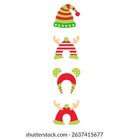 Christmas hats and decorations, vector illustration. Santa Claus hats, funny elf ears, deer horns, carnival headbands.