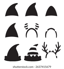 Christmas hats and decorations, vector illustration. Santa Claus hats, funny elf ears, deer horns, carnival headbands.