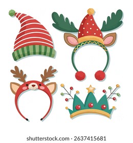Christmas hats and decorations, vector illustration. Santa Claus hats, funny elf ears, deer horns, carnival headbands.