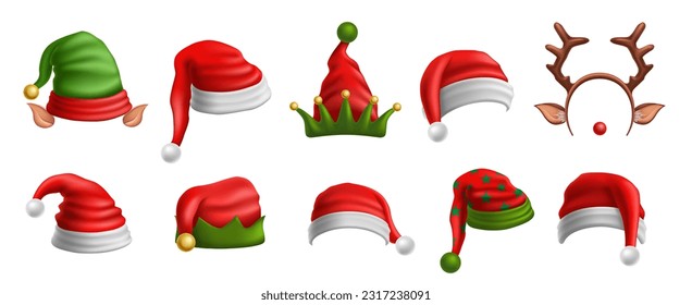 Christmas hats. Festive Santas red cap, elf hat with ears and Xmas deer antlers winter holidays party decoration elements vector illustration set. Funny costumes for new year celebration