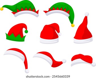 Christmas hats. Festive Santas red cap, elf hat. winter holidays party decoration elements vector illustration set. Funny costumes for new year celebration.