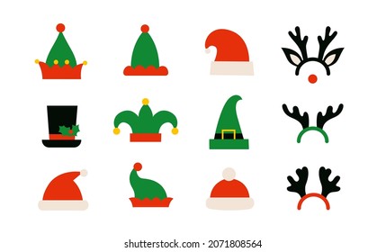 Christmas hats isolated illustrations. Red Santa Claus hat. Elves or gnomes hats. Cartoon reindeer antlers. Top hat with holly leaves and berries. Winter holiday clipart