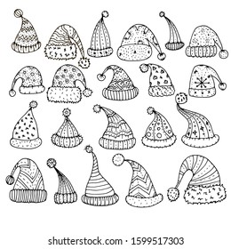 Christmas hats isolated on white background.Hand drawn illustration.Set Christmas design objects.