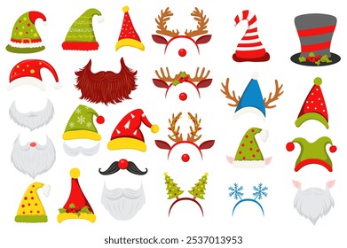 Christmas hats mega set elements in flat graphic design. Collection objects of elves headwear, Santa Claus beard and moustaches, deer antlers, trees, snowflakes masks, other. Vector illustration.