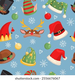 Christmas hats seamless pattern. Funny holiday headwear. New Year party caps. Santa and elf headdress. Photo booth Xmas props. Carnival costume. Repeated print. Splendid