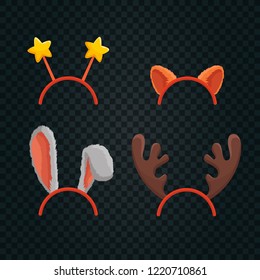 Christmas Hats With Stars, Reindeer Antlers, Cat And Rabbit Ears. Xmas Photo Booth Props For Kids On Transparent Background. Cute Masks In Mobile App For A Party. Cartoon Style Vector Illustration