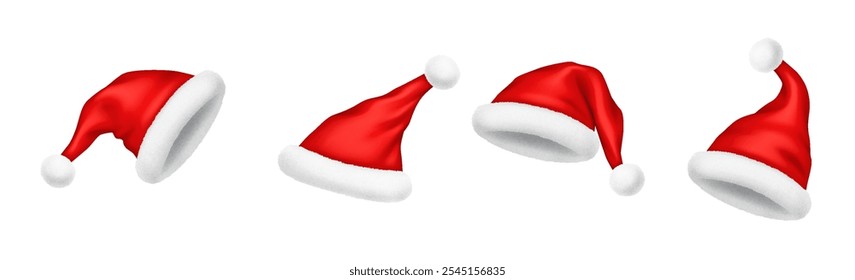 Christmas hats in various perspectives realistic vector illustration set. New year holiday party accessories 3d models on white background