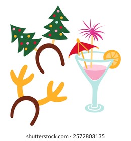 Christmas headband and a drink. A headdress for a party, festival, carnival, holiday. A headband with moose horns, a Christmas tree along with a festive drink with an umbrella. Cartoon. Vector.