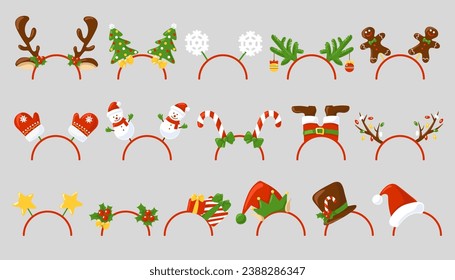 Christmas headband. Headdress for party, festival, carnival, holiday. Headband with elk horns, Christmas tree, snowmen, mittens, Santa's hat, candy cane, gifts, gingerbread man. Cartoon. Vector.