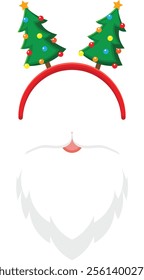 Christmas headband with two small decorated trees and santa claus beard and nose isolated on white background, ideal for christmas parties and celebrations