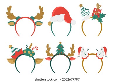 Christmas headbands for party vector cartoon set isolated on a white background.