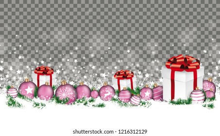 Christmas header with baubles, gifts and twigs in the snow on the gray background. Eps 10 vector file.