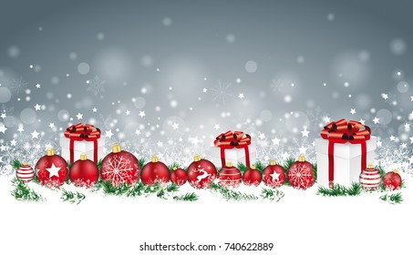 Christmas header with baubles, gifts and twigs in the snow. Eps 10 vector file.