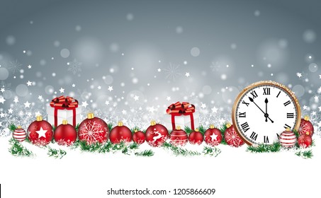 Christmas header with classic clock, baubles, gifts and twigs in the snow. Eps 10 vector file.