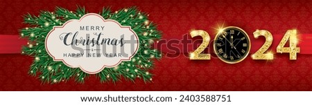 Christmas header with a classic emblem with green twigs and red background. Eps 10 vector file.