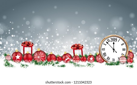 Christmas header with clock, baubles, gifts and twigs in the snow. Eps 10 vector file.