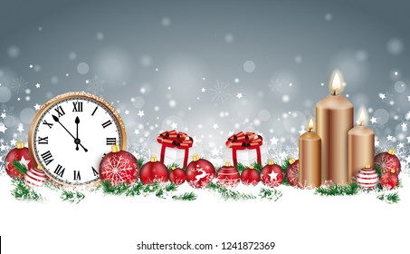 Christmas header with clock, candles, baubles, gifts and twigs in the snow. Eps 10 vector file.