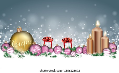 Christmas header with clock, candles, baubles, gifts and twigs in the snow. Eps 10 vector file.