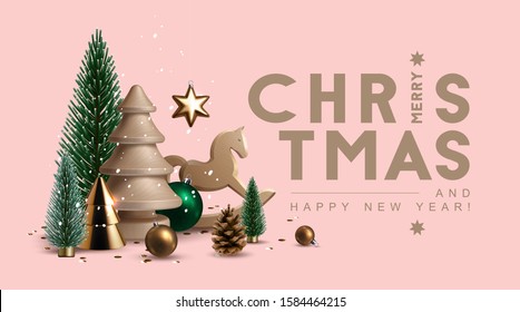 Christmas header with composition made of glass, wooden and plastic  Christmas trees, glass ornaments, festive elements and season greetings. Vector Illustration.  