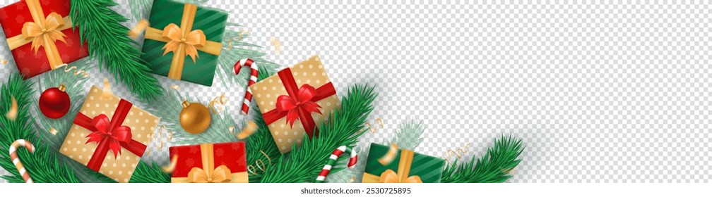 Christmas header template with gift boxes tied with bows, red and gold Xmas balls, striped candy canes, confetti and green icy pine branches on transparent background with copy space for design, text