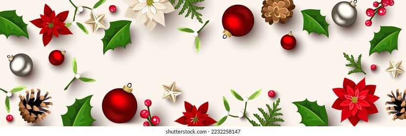 Christmas header or web banner with Christmas balls, poinsettia flowers, pine cones, fir branches, stars, holly, and mistletoe. Vector illustration