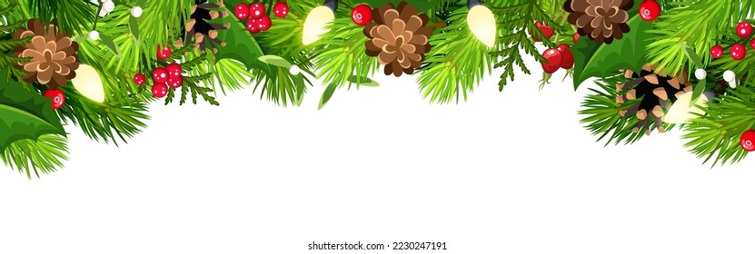 Christmas header or web banner with green fir branches, Christmas lights, pine cones, holly, and mistletoe. Vector illustration