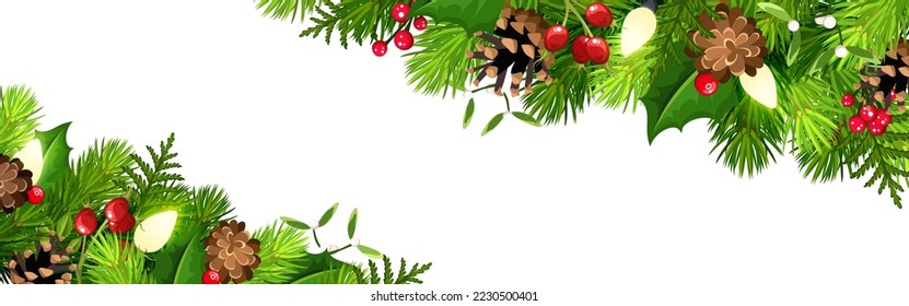 Christmas header or web banner with green fir branches, Christmas lights, pine cones, holly leaves and berries, and mistletoe. Vector illustration