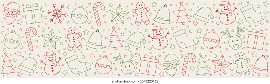 Christmas header with Xmas decorations. Panoramic header. Vector