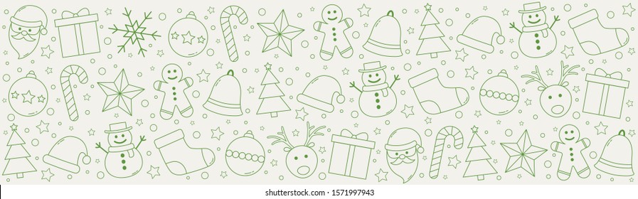 Christmas header with Xmas ornaments. Panoramic banner. Vector