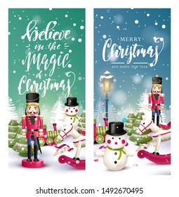 Christmas headers or banners with traditional wooden toy decorations at night scenery