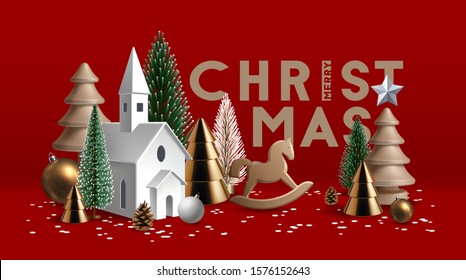 Christmas headline with composition made of wooden and glass Christmas trees, paper church and toy rocking horse against red background.