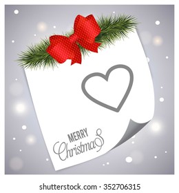 Christmas heart. Christmas background with fir twigs and Ribbon banner with page curl card on glowing background.