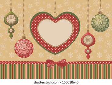 Christmas heart frame with ornaments. Retro style. Vector illustration.
