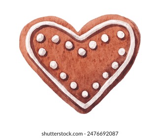 Christmas Heart Gingerbread Cookie. Hand drawn Watercolor texture Vector Illustration isolated on white background
